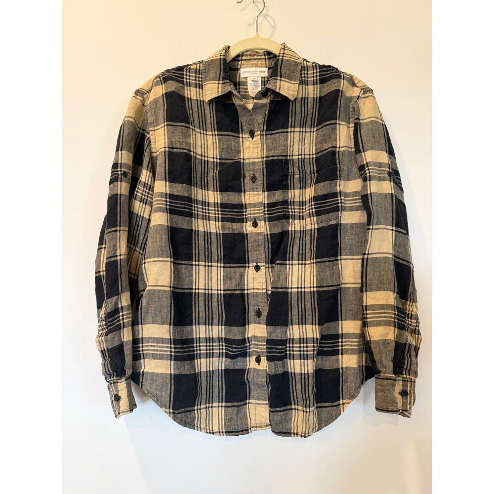 Vtg Jones New York 100% Linen Medium Long Sleeve Button Down Black Gold Plaid